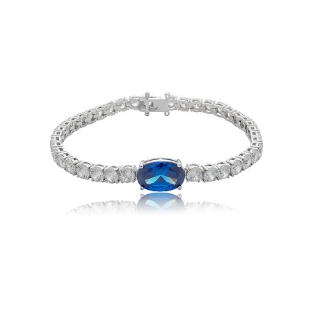 Pulseira riviera cravejada de zircônia cristal com detalhe zircônia safira banho de ródio branco