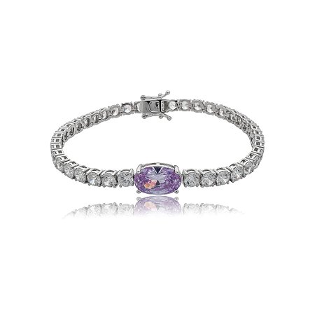Pulseira riviera cravejada de zircônia cristal com detalhe zircônia tanzanita banho de ródio branco
