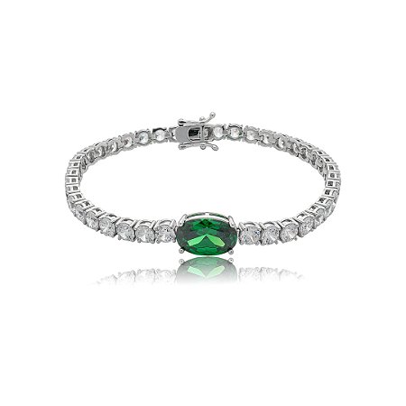 Pulseira riviera cravejada de zircônia cristal com detalhe zircônia esmeralda banho de ródio branco