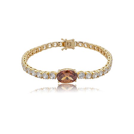 Pulseira riviera cravejada de zircônia cristal com detalhe zircônia granada banho de ouro 18k