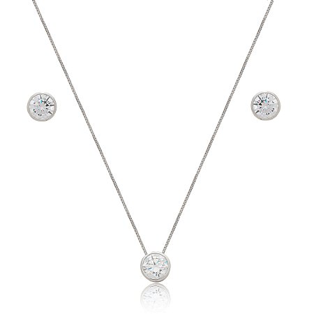 Conjunto de brinco e colar cravejado de zircônia cristal banho de ródio branco