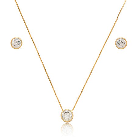 Conjunto de brinco e colar cravejado de zircônia cristal banho de ouro 18k