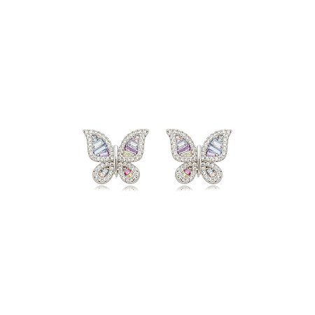 Brinco de borboleta cravejado de zircônia rainbow banho em ródio branco