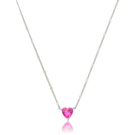 Colar com pingente cravejado de coração zircônia pink de banho em ródio branco