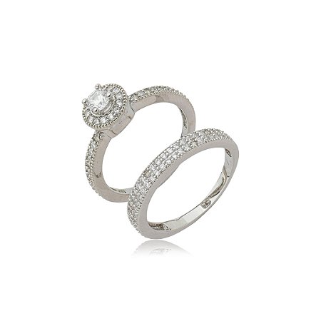 Dupla de anéis cravejados de zircônia cristal banho em ródio branco
