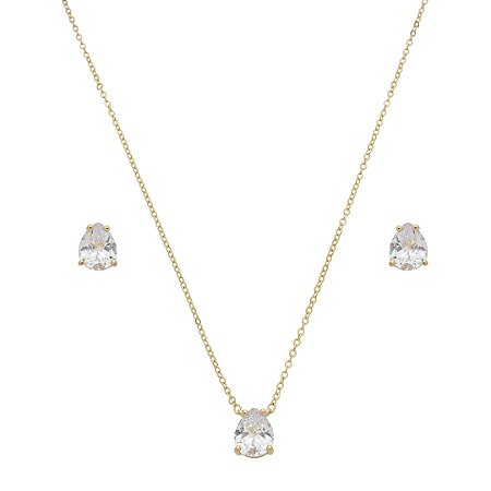 Conjunto de brinco e colar gota cravejado de zircônia cristal banho de ouro 18k