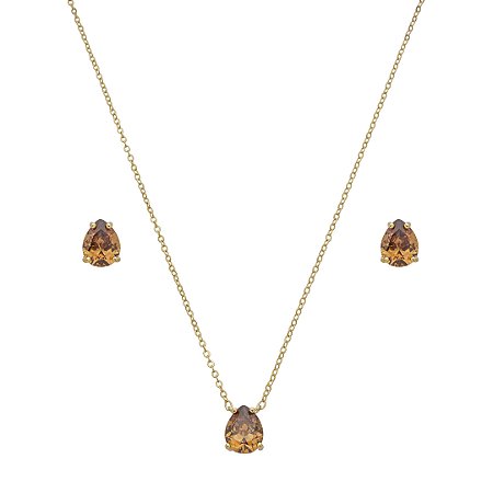 Conjunto de brinco e colar gota cravejado de zircônia granada banho de ouro 18k