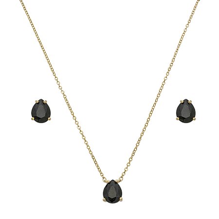 Conjunto de brinco e colar gota cravejado de zircônia Ônix banho de ouro 18k