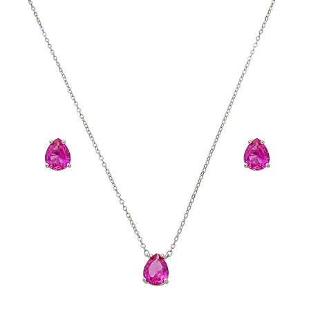 Conjunto de brinco e colar gota cravejado de zircônia pink banho de ródio branco