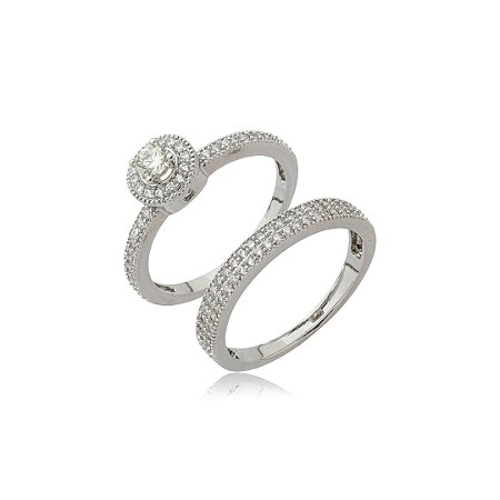 Dupla de anéis cravejados de zircônia yellow fancy e cristal banho em ródio branco