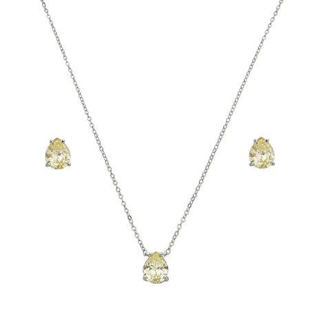 Conjunto de brinco e colar gota cravejado de zircônia yellow fancy banho de ródio branco