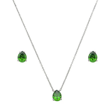 Conjunto de brinco e colar gota cravejado de zircônia esmeralda banho de ródio branco