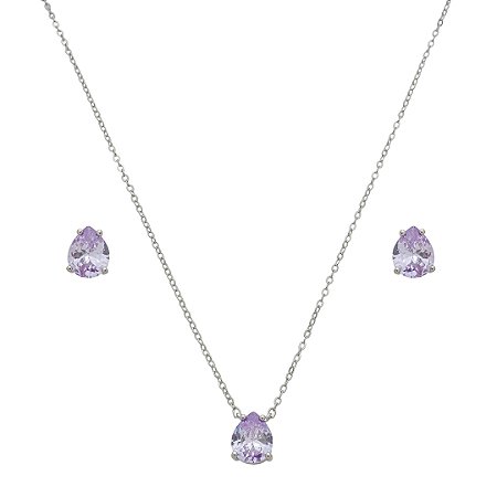 Conjunto de brinco e colar gota cravejado de zircônia tanzanita banho de ródio branco