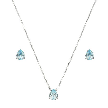 Conjunto de brinco e colar gota cravejado de zircônia acqua banho de ródio branco