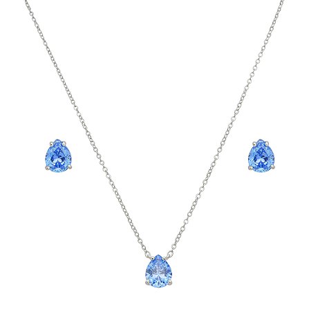 Conjunto de brinco e colar gota cravejado de zircônia azul banho de ródio branco