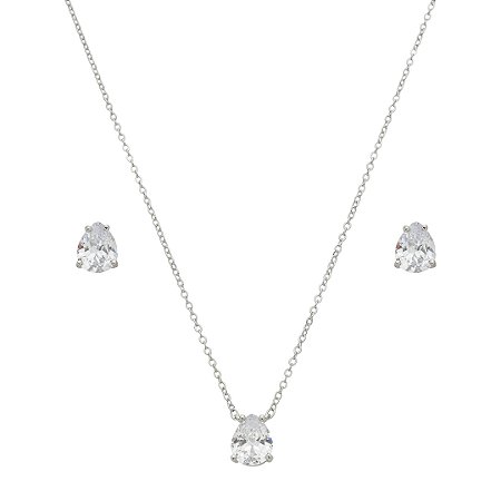 Conjunto de brinco e colar gota cravejado de zircônia cristal banho de ródio branco
