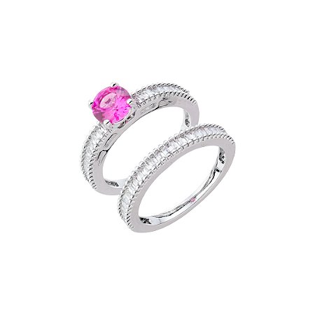 Dupla de anéis cravejados de zircônia pink e cristal de banho em ródio branco