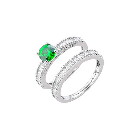 Dupla de anéis cravejados de zircônia esmeralda e cristal de banho em ródio branco
