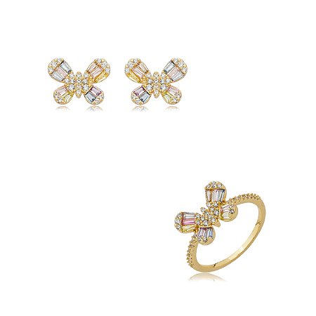 Conjunto de brinco e anel borboleta cravejado de zircônia rainbow banho em ouro 18k