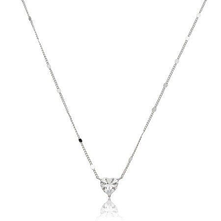 Colar com pingente cravejado de coração zircônia cristal de banho em ródio branco