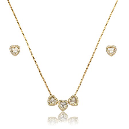 Conjunto de brinco e colar coração cravejado de zircônia cristal banho de ouro 18k