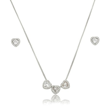 Conjunto de brinco e colar coração cravejado de zircônia cristal banho de ródio branco