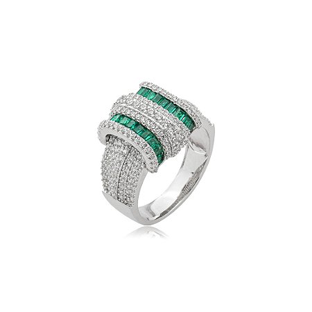 Anel cravejado de zircônia cristal e esmeralda banho em ródio branco