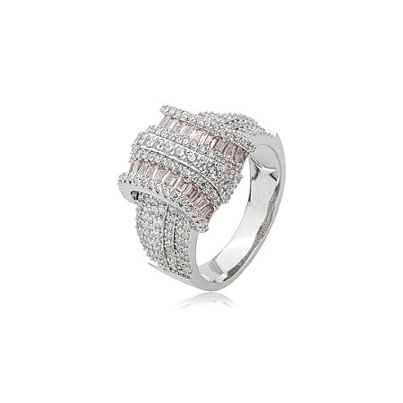 Anel cravejado de zircônia cristal e rosa banho em ródio branco