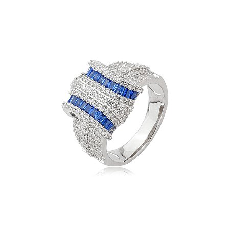 Anel cravejado de zircônia cristal e safira banho em ródio branco