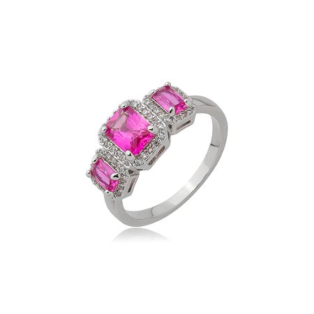 Anel cravejado de zircônia pink banho em ródio branco