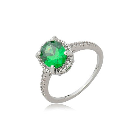 Anel cravejado de zircônia esmeralda e cristal banho em ródio branco