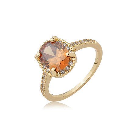 Anel cravejado de zircônia granada e cristal banho em ouro 18k