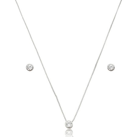 Conjunto de brinco e colar cravejado de zircônia cristal banho de ródio branco