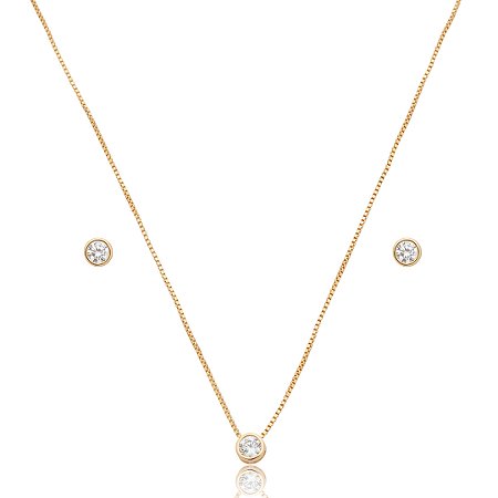 Conjunto de brinco e colar cravejado de zircônia cristal banho de Ouro 18k