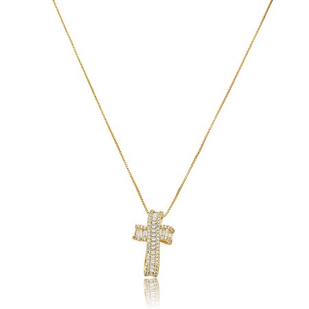 Colar com pingente de cruz cravejado de zircônia cristal banho em ouro 18k