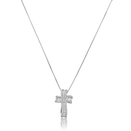 Colar com pingente de cruz cravejado de zircônia cristal banho em ródio branco