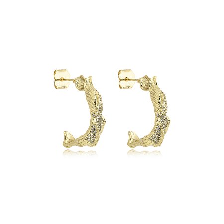 Brinco de argola escovado cravejado de zircônia cristal banho em ouro 18k