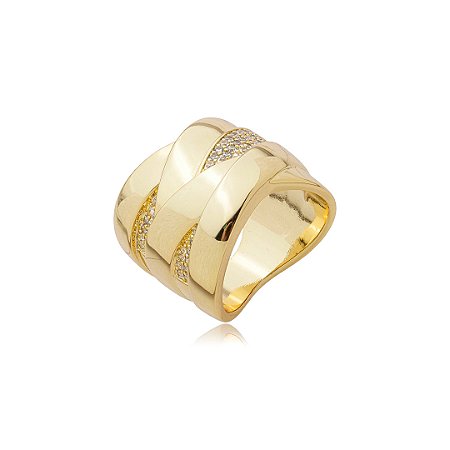Anel cravejado de zircônia cristal banho em ouro 18k