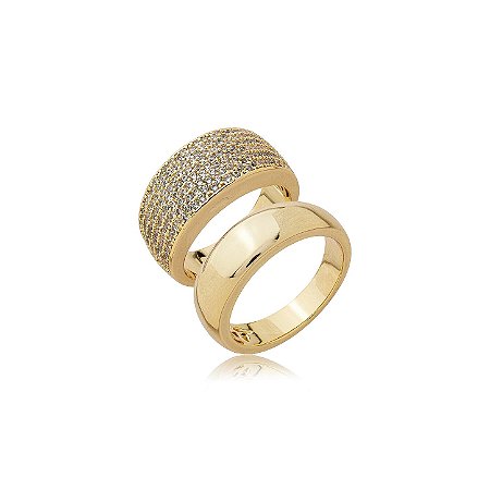 Dupla de anéis cravejado de zircônia cristal banho em ouro 18k