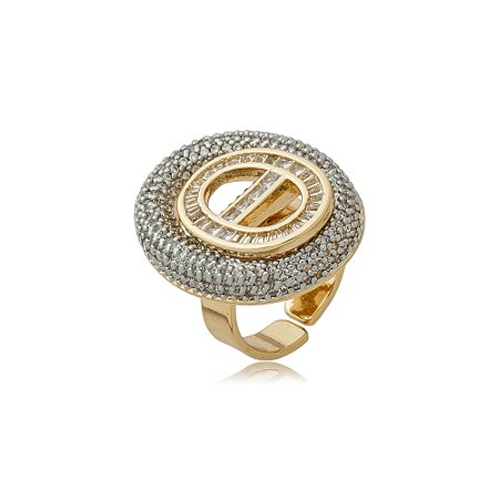 Anel luxo regulável cravejado de zircônia cristal com caneta de ródio branco banho em ouro 18k