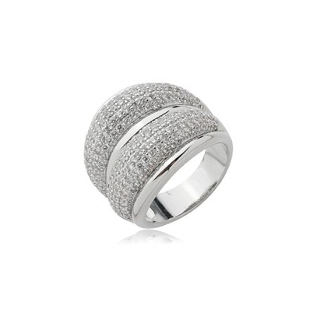 Anel cravejado de zircônia cristal banho em ródio branco