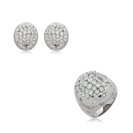 Conjunto de brinco e anel cravejado de zircônia cristal banho em ródio branco