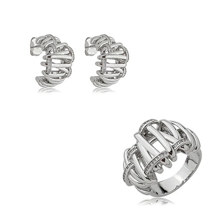 Conjunto de brinco e anel cravejado de zircônia cristal banho em ródio branco