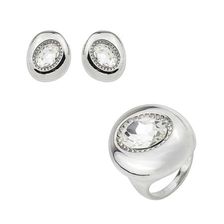 Conjunto de brinco e anel cravejado de zircônia cristal banho em ródio branco