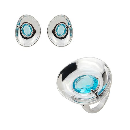 Conjunto de brinco e anel cravejado de zircônia acqua banho em ródio branco