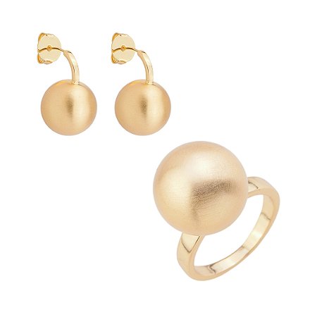 Conjunto de brinco e anel liso acetinado banho em ouro 18k
