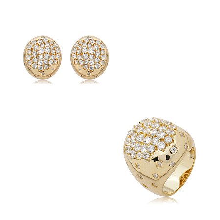 Conjunto de brinco e anel cravejado de zircônia cristal banho em ouro 18k