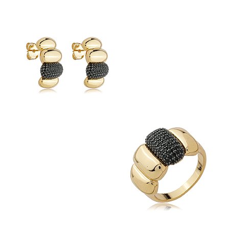 Conjunto de brinco e anel cravejado de zircônia ônix banho em ouro 18k