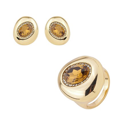 Conjunto de brinco e anel cravejado de zircônia granada banho em ouro 18k