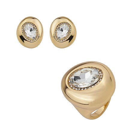 Conjunto de brinco e anel cravejado de zircônia cristal banho em ouro 18k
